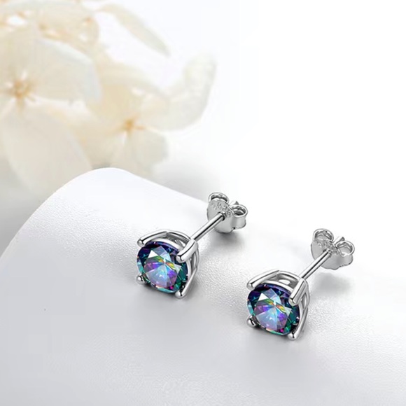 NWT 💙💚 8mm BLUE-GREEN TORMALINE GEMSTONE .925 SILVER STUD PIERCED EARRINGS - Picture 2 of 5